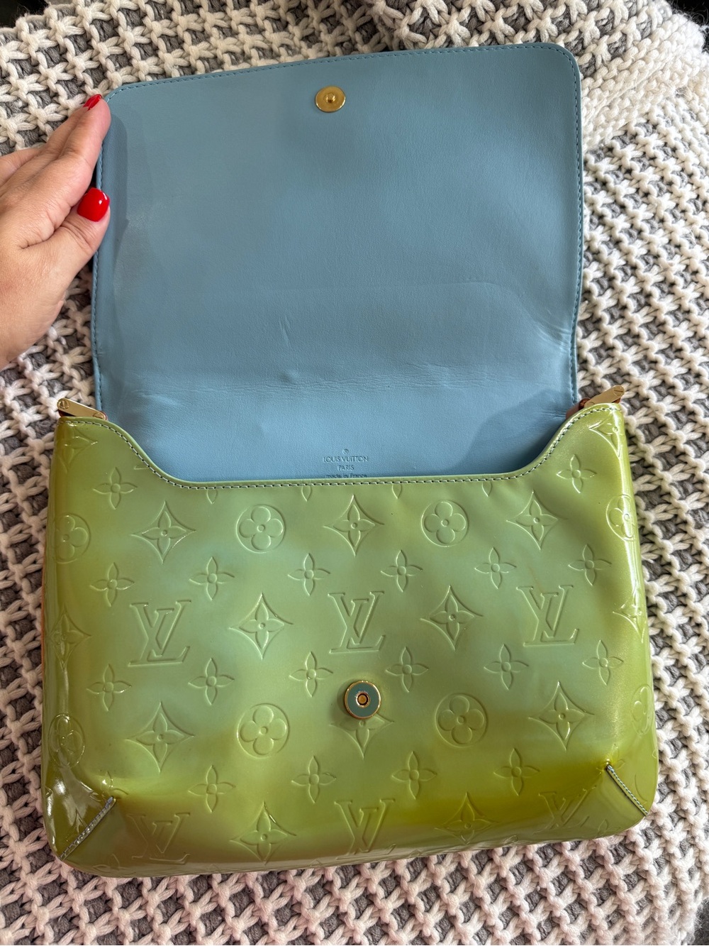 Louis Vuitton Ombre Green Patent Monogram Shoulder Bag with Blue Interior
